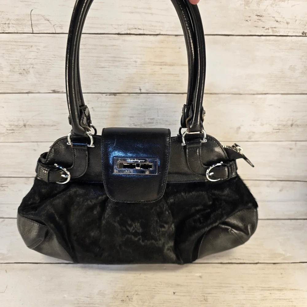 VTG Salvatore Ferragamo Black Pony Hair & Leather Gancini Satchel Bag IX-663529